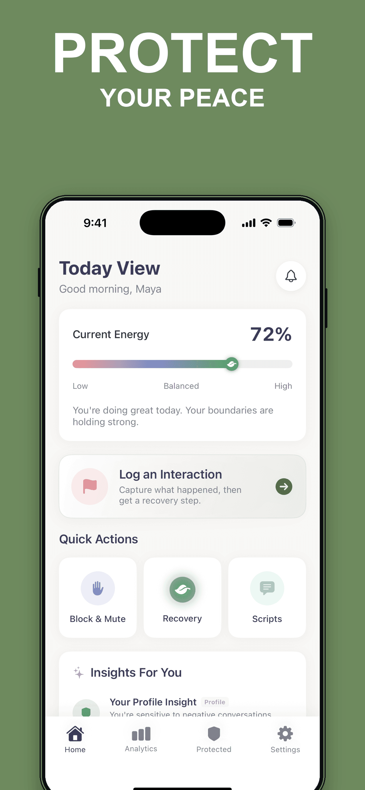 Boundary Space app screenshot showing the Today View and Protect Your Peace headline